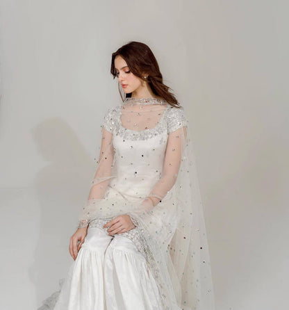 Elegant White Faux Georgette Sharara Suit with Mirror & Sequins Work