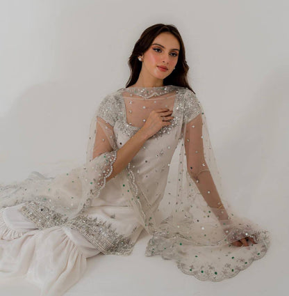 Elegant White Faux Georgette Sharara Suit with Mirror & Sequins Work