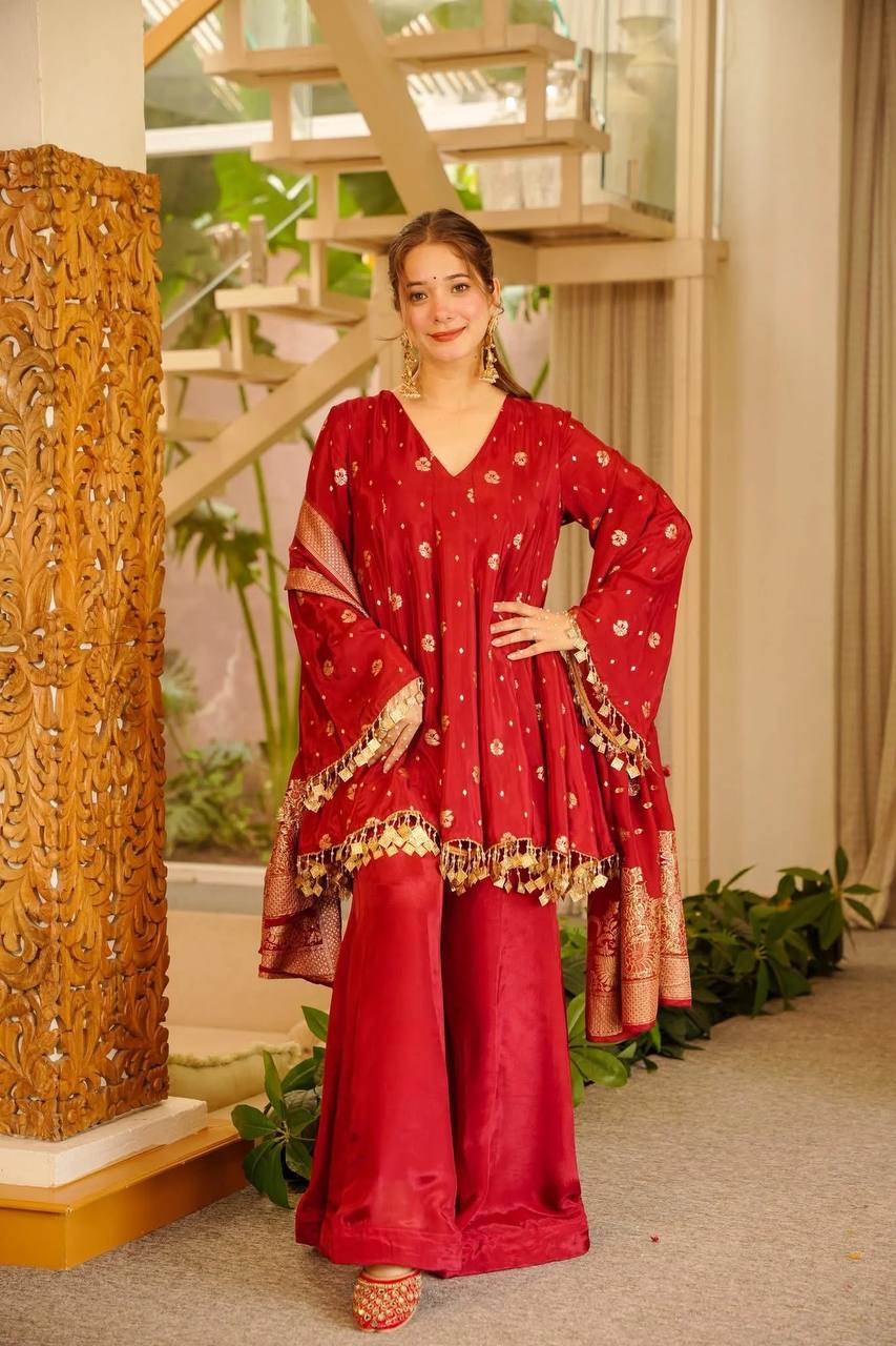 Designer Red Satin Silk Kurta Palazzo Suit for Party & Festive Wear