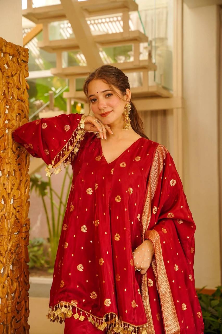 Designer Red Satin Silk Kurta Palazzo Suit for Party & Festive Wear