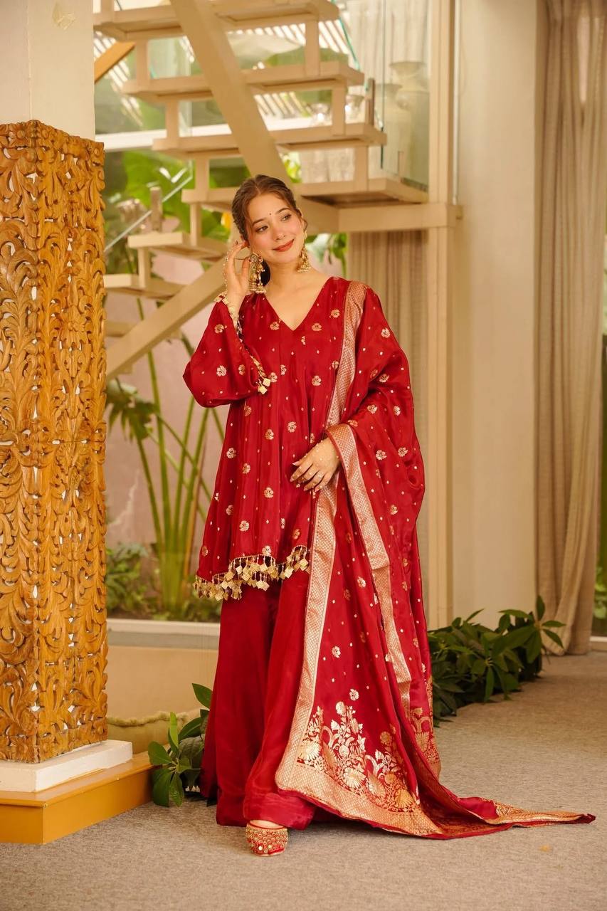 Designer Red Satin Silk Kurta Palazzo Suit for Party & Festive Wear
