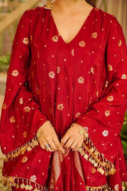 Designer Red Satin Silk Kurta Palazzo Suit for Party & Festive Wear