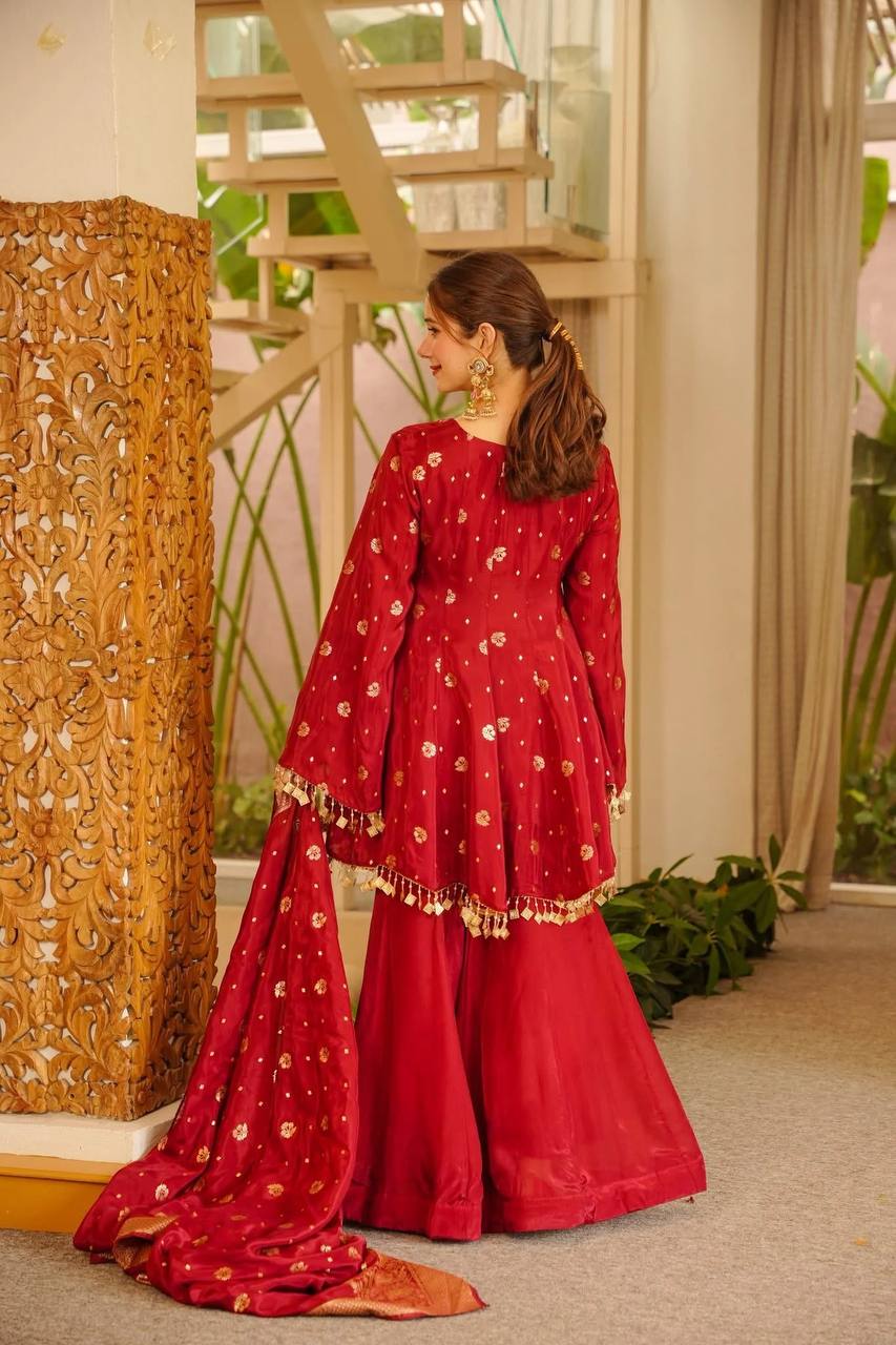 Designer Red Satin Silk Kurta Palazzo Suit for Party & Festive Wear