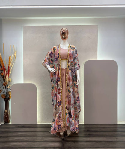 Peach Color Western 3 Piece Set With Digital Print Shrug
