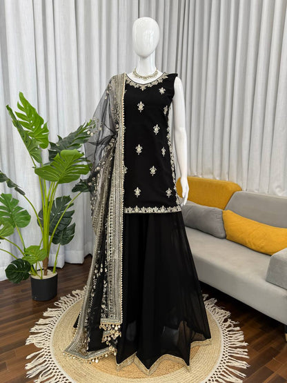 Premium Faux Georgette Palazzo Suit With Sequins Work