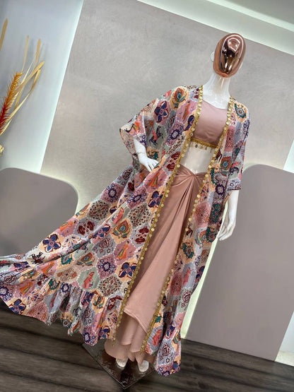 Peach Color Western 3 Piece Set With Digital Print Shrug