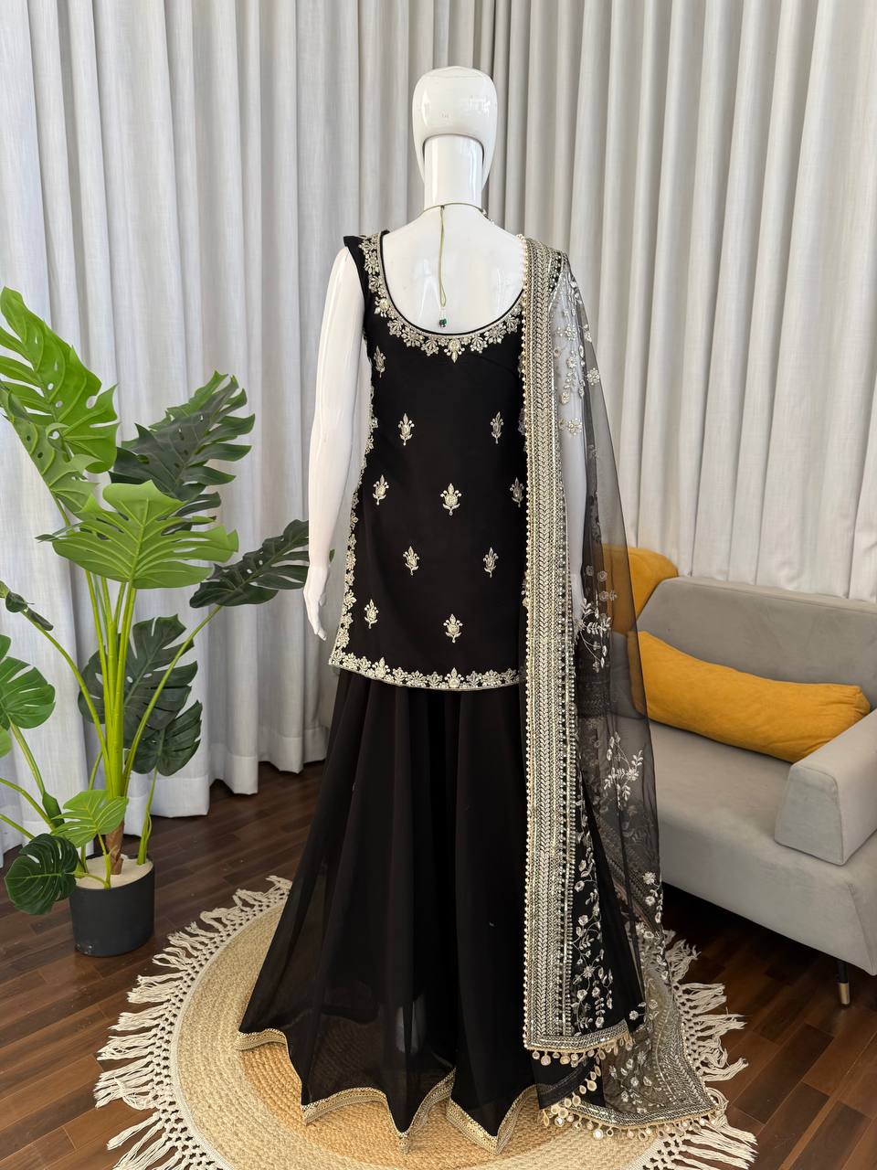 Premium Faux Georgette Palazzo Suit With Sequins Work