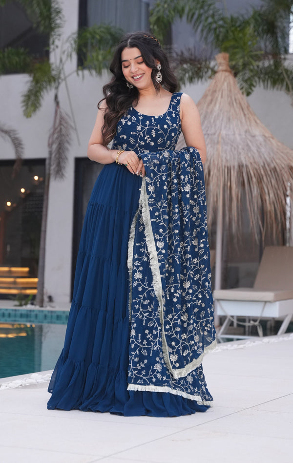 Rama Color Georgette Five Layer Ruffle Style Anarkali Gown