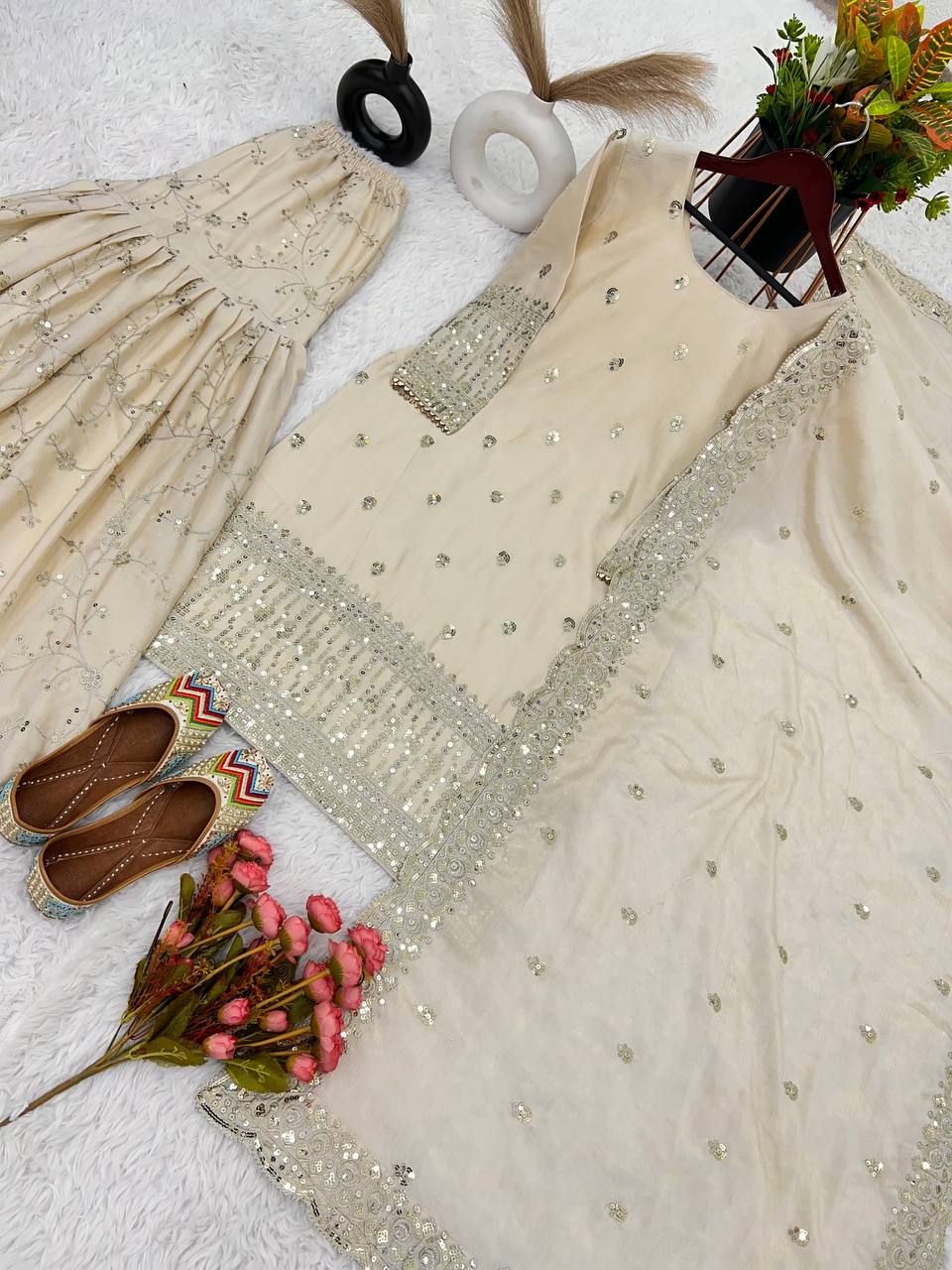 Pure Chinon Silk Off White Kurti sharara Set -Fully Stiched