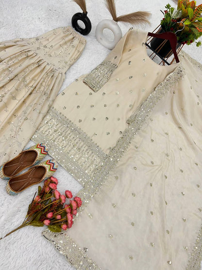Pure Chinon Silk Off White Kurti sharara Set -Fully Stiched