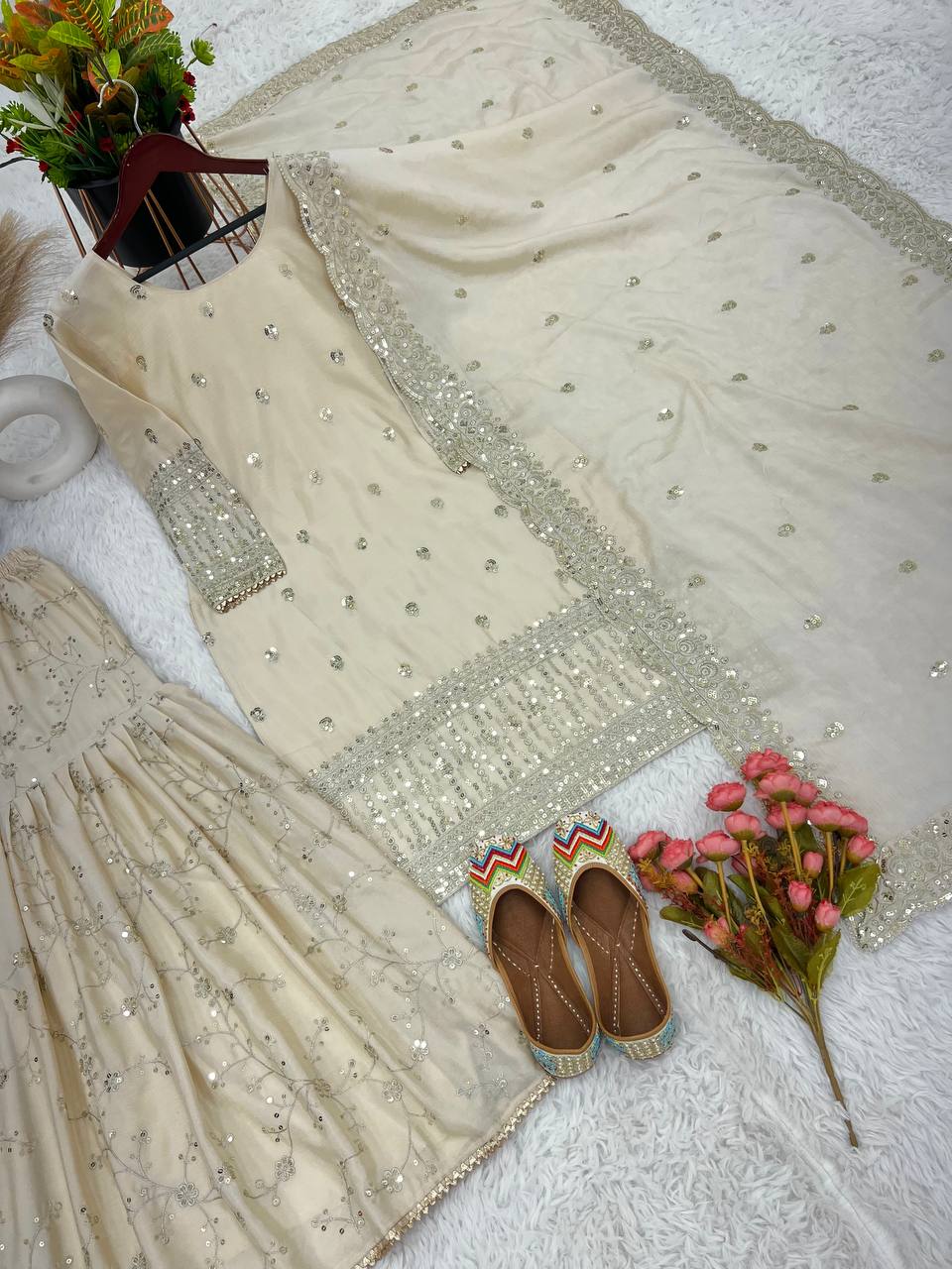 Pure Chinon Silk Off White Kurti sharara Set -Fully Stiched