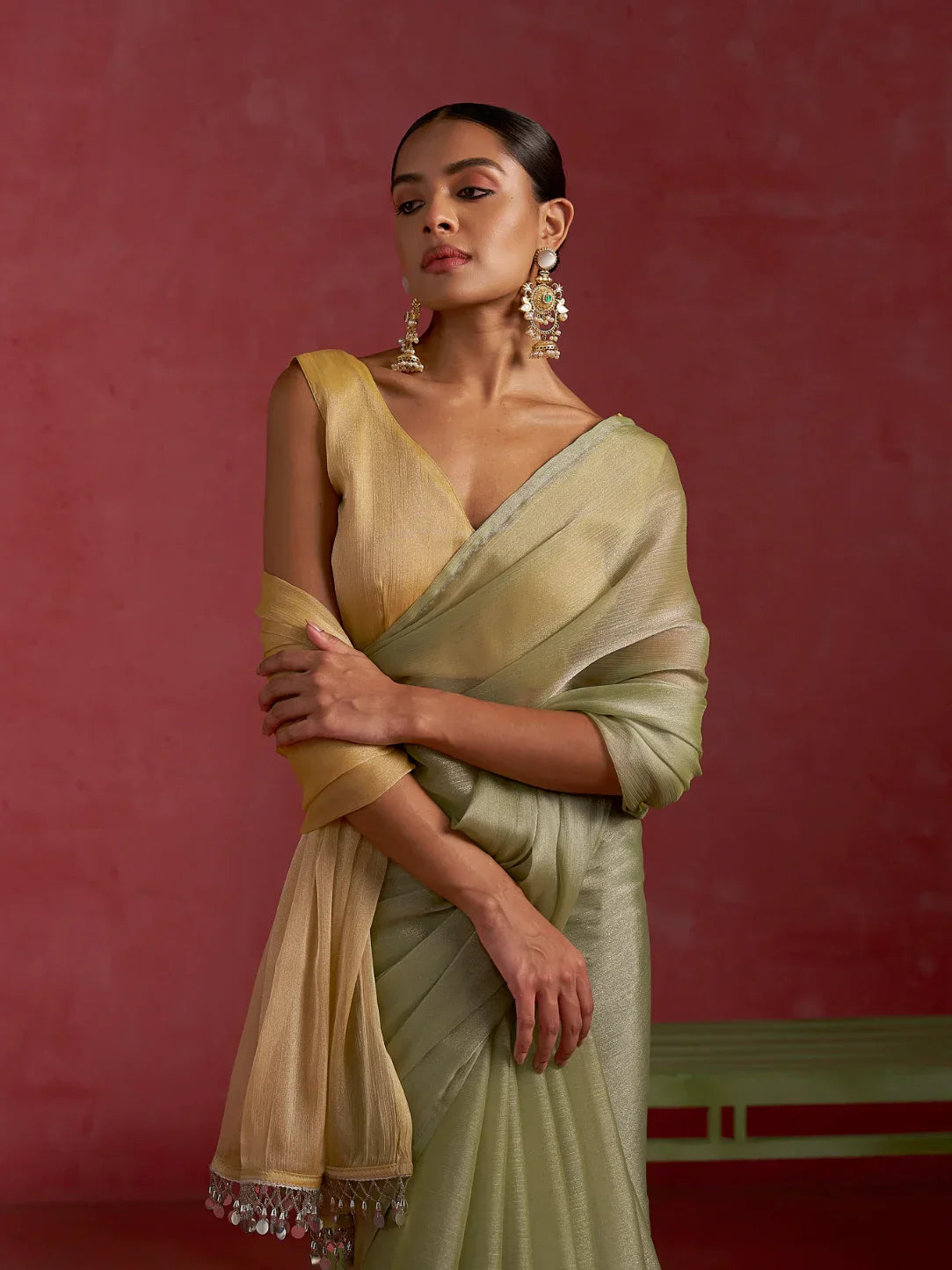 Classy Partywear designer pista yellow Shade chiffon saree