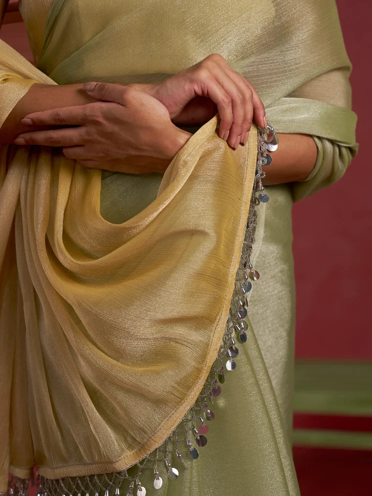 Classy Partywear designer pista yellow Shade chiffon saree