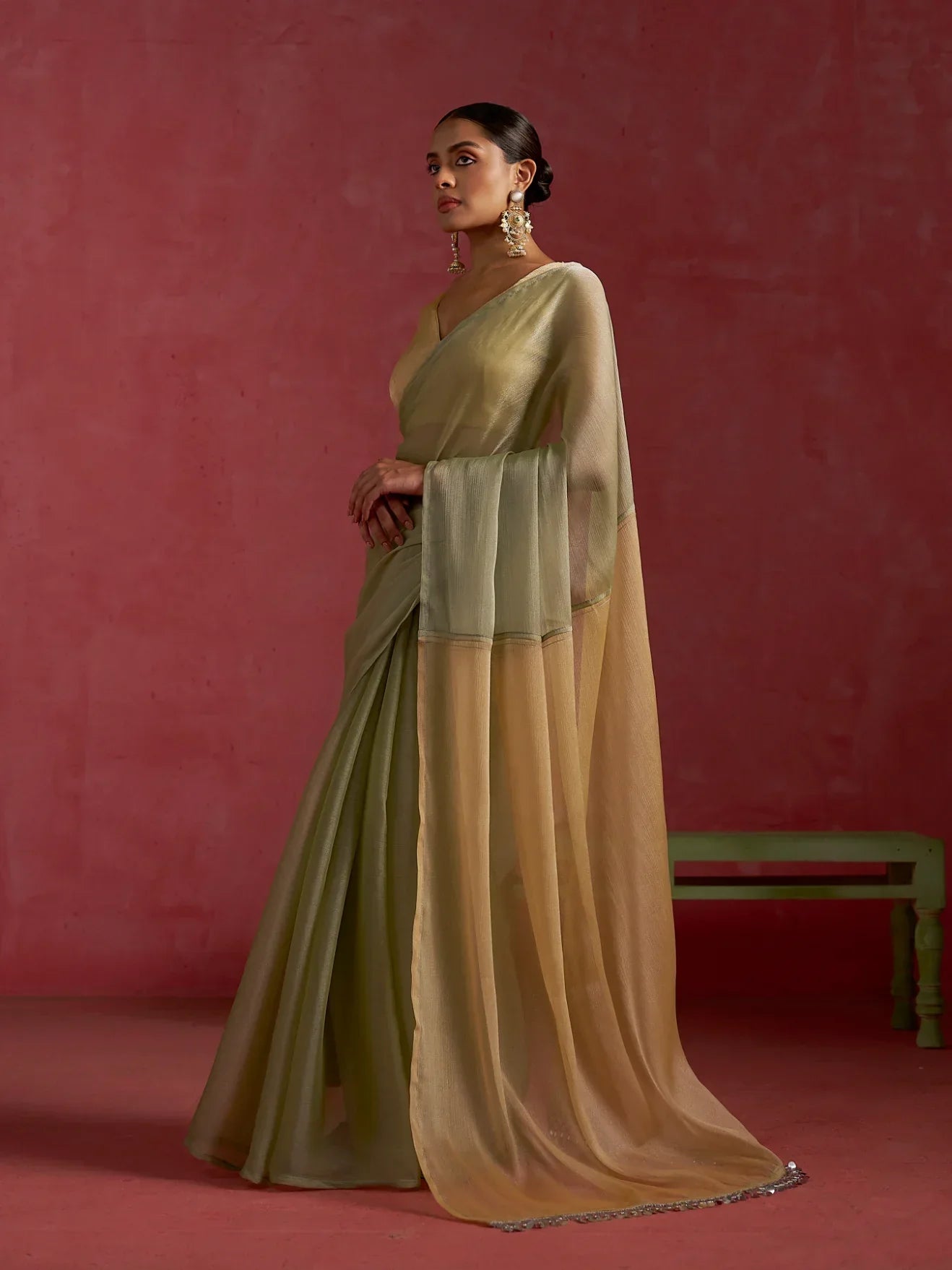 Classy Partywear designer pista yellow Shade chiffon saree