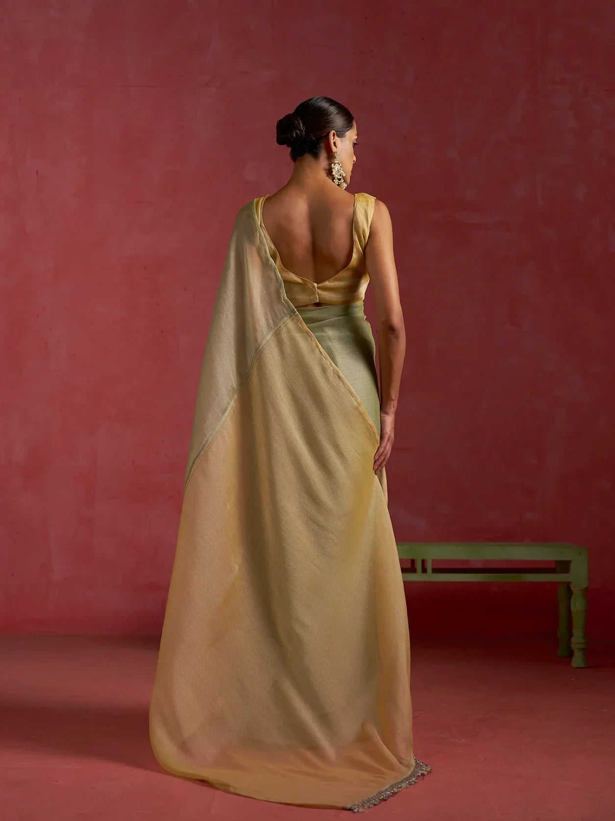 Classy Partywear designer pista yellow Shade chiffon saree