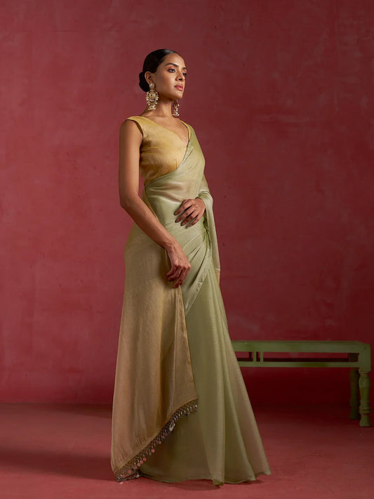 Classy Partywear designer pista yellow Shade chiffon saree