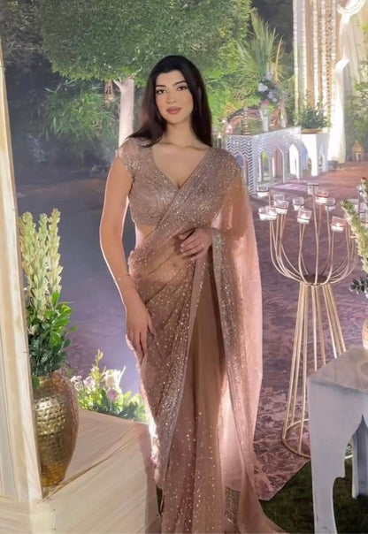 Luxury Rose Gold Sequin  Pre-Draped Saree With Designer Blouse