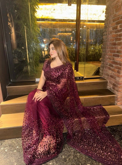 Wine Soft Net Fabric Designer Party Wear Saree For Women