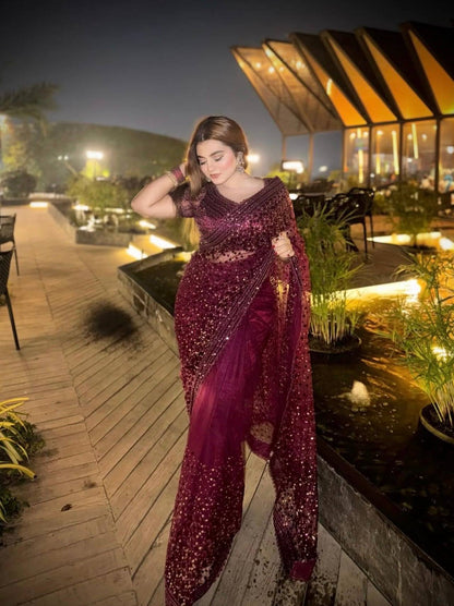 Wine Soft Net Fabric Designer Party Wear Saree For Women