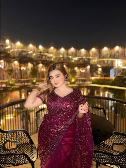 Wine Soft Net Fabric Designer Party Wear Saree For Women