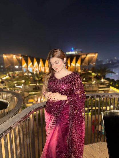 Wine Soft Net Fabric Designer Party Wear Saree For Women