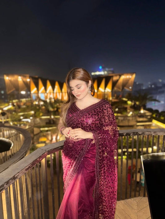 Wine Soft Net Fabric Designer Party Wear Saree For Women
