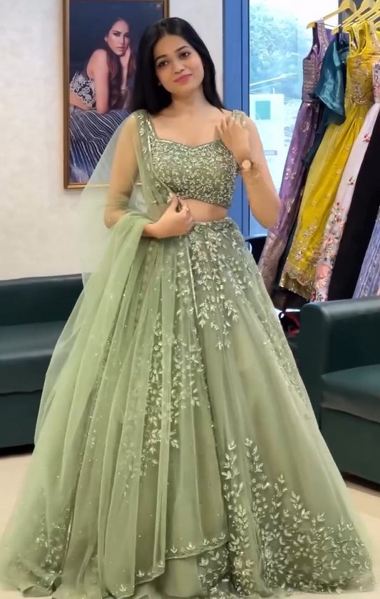 Soft Net Pista Green Color Lehenga Choli Set for Women